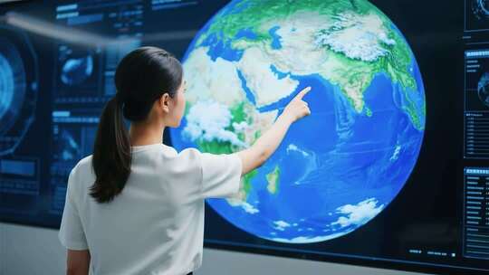 女性指触虚拟地球画面