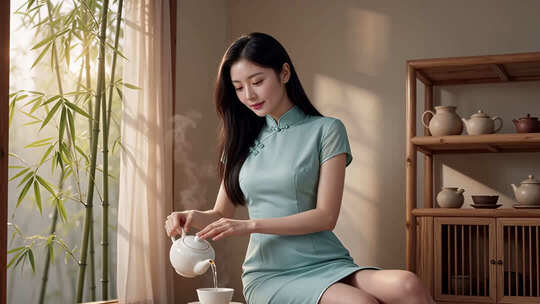 女子身着旗袍室内优雅泡茶
