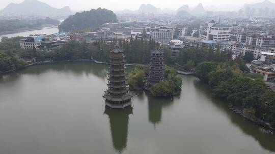 航拍广西桂林旅游景点城市地标建筑