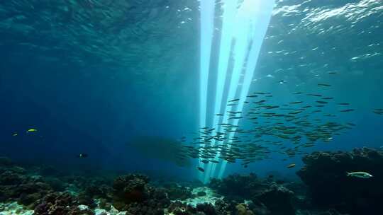 4k阳光透过海面大海里的鱼群海洋生物