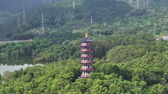 航拍深圳坪山泰和塔，大山陂水库，古塔山水