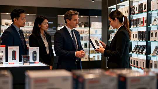 商务人士在电子产品店咨询交流