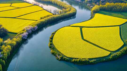 航拍油菜花田与河流景观