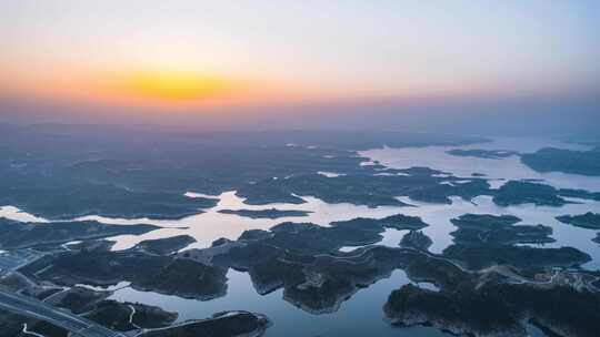 自然风光湖北丹江口水库日出航拍视频素材模板下载