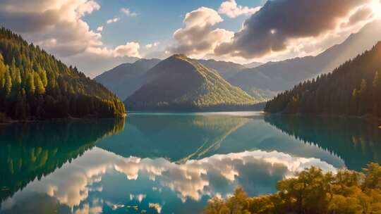 山林湖泊自然风光全景