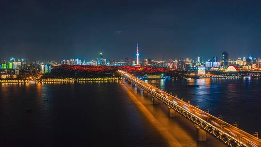 6K航拍武汉长江大桥夜景大范围延时