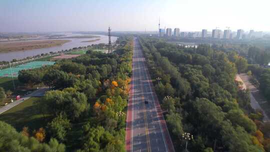 航拍宁夏吴忠黄河生态滨河大道黄河湿地公园