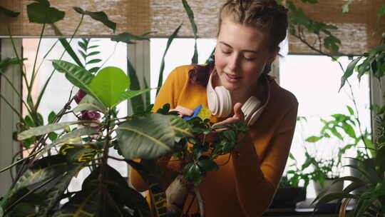 美丽的年轻女人在有很多植物的房间里做家务