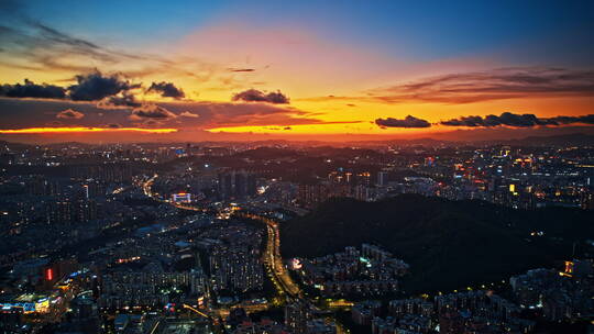 4k延时航拍深圳龙岗布吉夜景火烧云