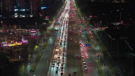 中国辽宁沈阳浑南区浑南西路夜景航拍