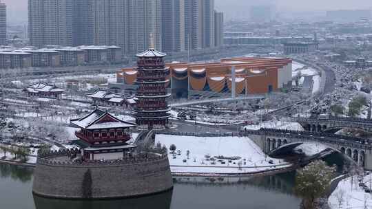 航拍洛阳朱樱塔雪景