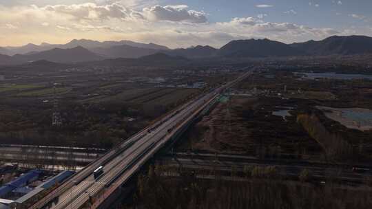 航拍石家庄秋天蓝天白云城市道路