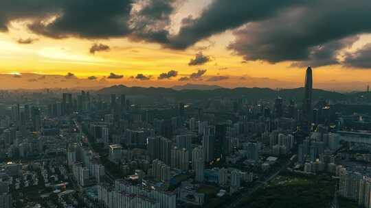 航拍晚霞中的深圳CBD全景延时宣传片