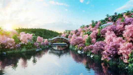 三维河边湿地樱花公园
