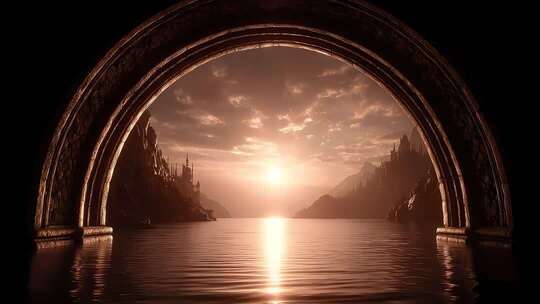 神秘拱门后水面城堡在夕阳下熠熠生辉