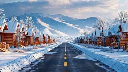 冬日雪覆木屋与远山道路景观