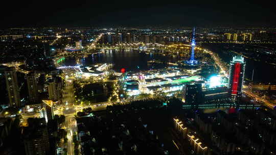 实拍延时航拍常熟琴湖公园夜景