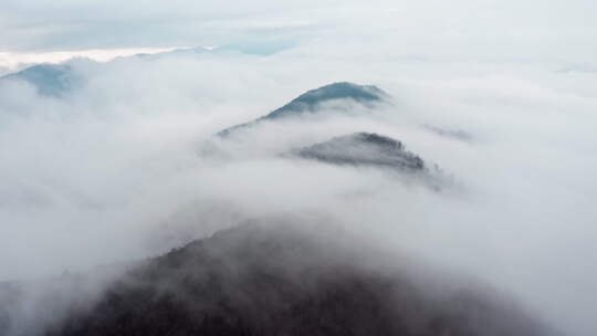 雾蒙蒙的山峰从云海中浮现，拍摄于清晨