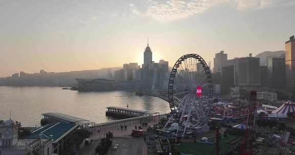 香港中环摩天轮清晨航拍