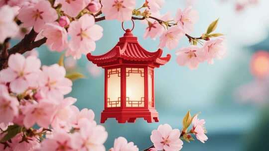 樱花枝上的红色灯笼