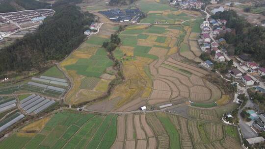 航拍湖南丘陵地貌美丽乡村农田农业种植