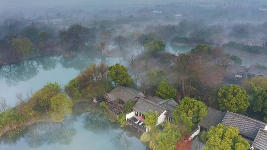 杭州西溪湿地公园清晨晨雾云雾缭绕空镜