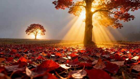 秋日阳光照耀下的枫树美景