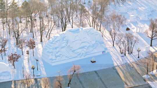 中国黑龙江哈尔滨太阳岛雪博会雪雕航拍