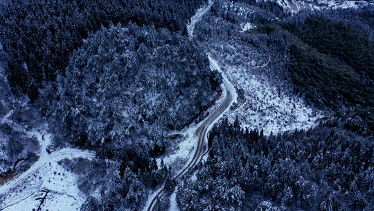 浙江丽水岩下村航拍森林雪景自然公路风光