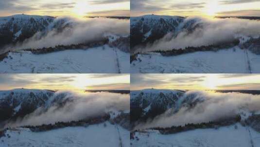 航拍清晨的冰山云雾缭绕高清在线视频素材下载