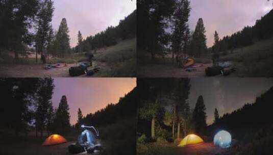 游客在森林旁露营延时景色高清在线视频素材下载