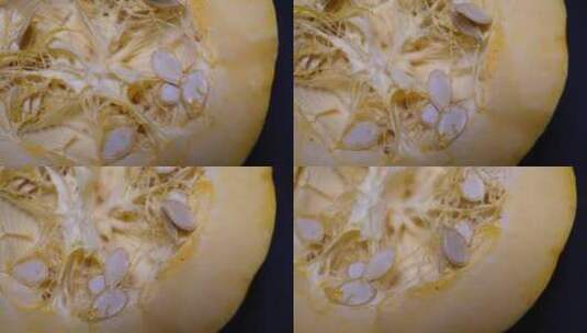 切开的小黄金贝贝南瓜籽南瓜瓤高清在线视频素材下载