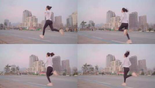 早晨美女在海边跑步-健身美女跑步高清在线视频素材下载