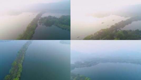 4K航拍杭州西湖早晨梦幻雾景视频合集高清在线视频素材下载