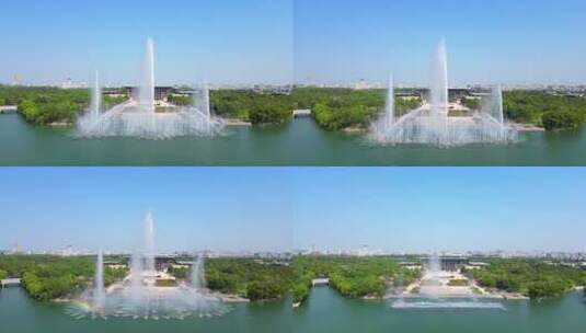 航拍嘉兴南湖七一广场革命纪念馆喷泉高清在线视频素材下载