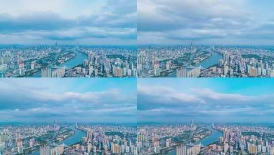 广州珠江岸城市建筑群与天空云彩航拍延时高清在线视频素材下载