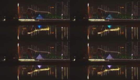 天津少年宫夜景都市风景地标灯光秀河面高清在线视频素材下载