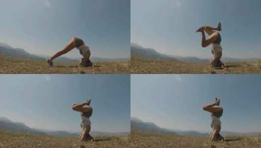 阳光明媚的一天，年轻女孩试图在山上做瑜伽倒立高清在线视频素材下载