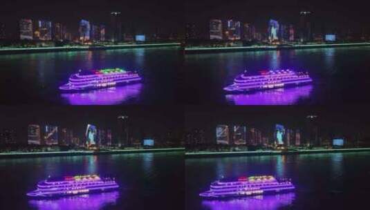 航拍宜昌城市夜景与长江观光船高清在线视频素材下载