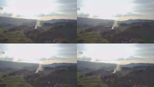 深山里面的村庄做饭时的烟雾高清在线视频素材下载