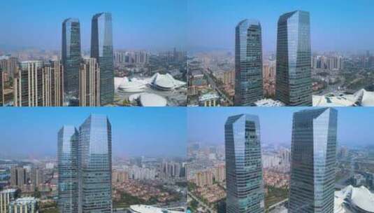 湖南长沙金茂双子塔写字楼摩天大楼4k航拍高清在线视频素材下载