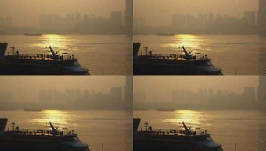 武汉汉口江岸码头江面行船波光粼粼轮船剪影高清在线视频素材下载