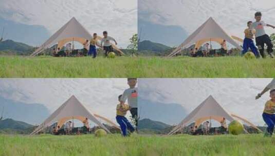 户外亲子露营草地上奔跑玩耍高清在线视频素材下载