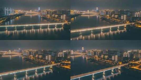 柳州河东大桥与沿江建筑群夜景航拍延时高清在线视频素材下载