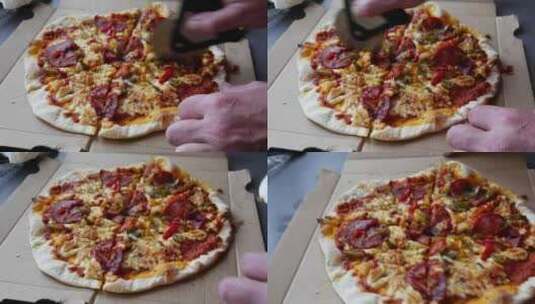 厨师面包师紧紧的手在厨房切披萨高清在线视频素材下载