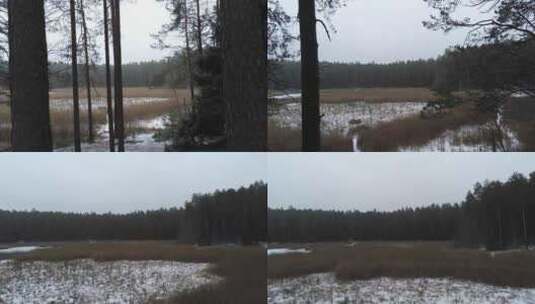 航拍大雪过后的草地湖泊高清在线视频素材下载