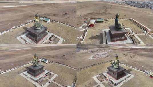 藏区牧民礼拜寺庙格萨尔王雕像航拍高清在线视频素材下载