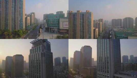 杭州滨江傍晚黄昏城市风景航拍高清在线视频素材下载