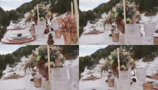 山中央浪漫的婚宴桌。冬季婚礼装饰。餐桌装高清在线视频素材下载