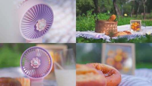 夏日户外野餐甜品 小风扇小清新唯美画面高清在线视频素材下载